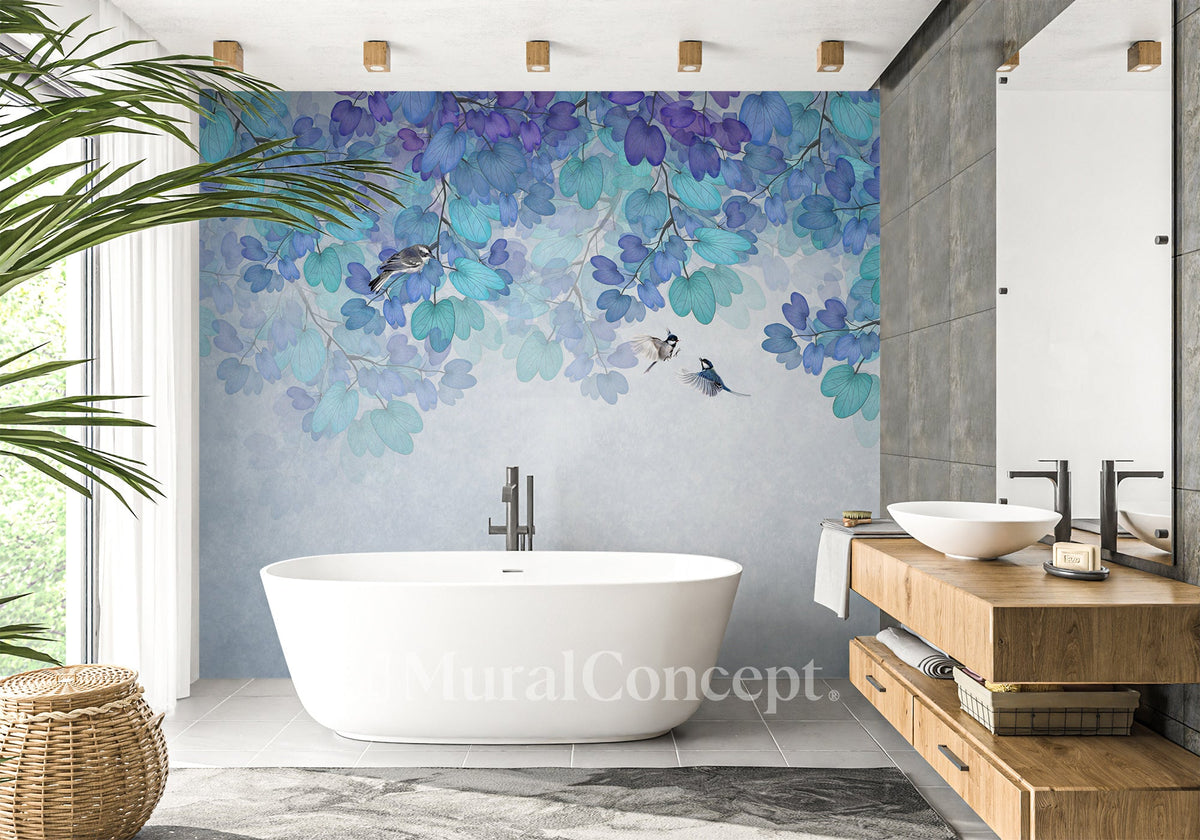 Papier peint salle de bain feuille bleu