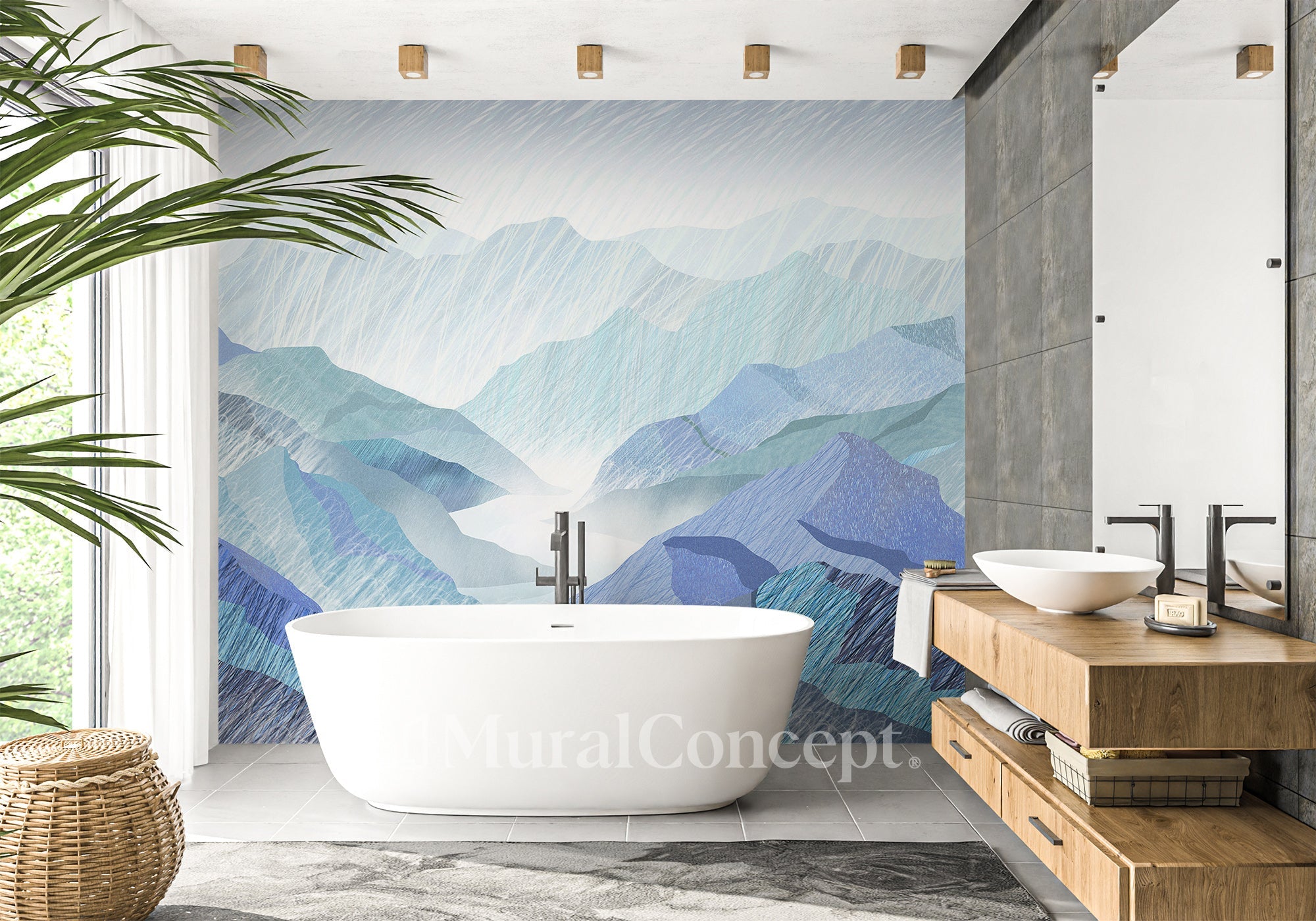 Papier peint salle de bain illustration montagnes bleu - panoramique sur mesure francais - muralconcept