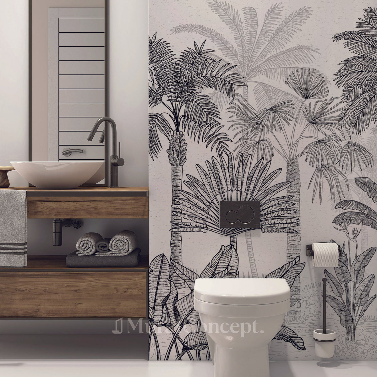 Papier peint toilette jungle cocotier tendance gravure