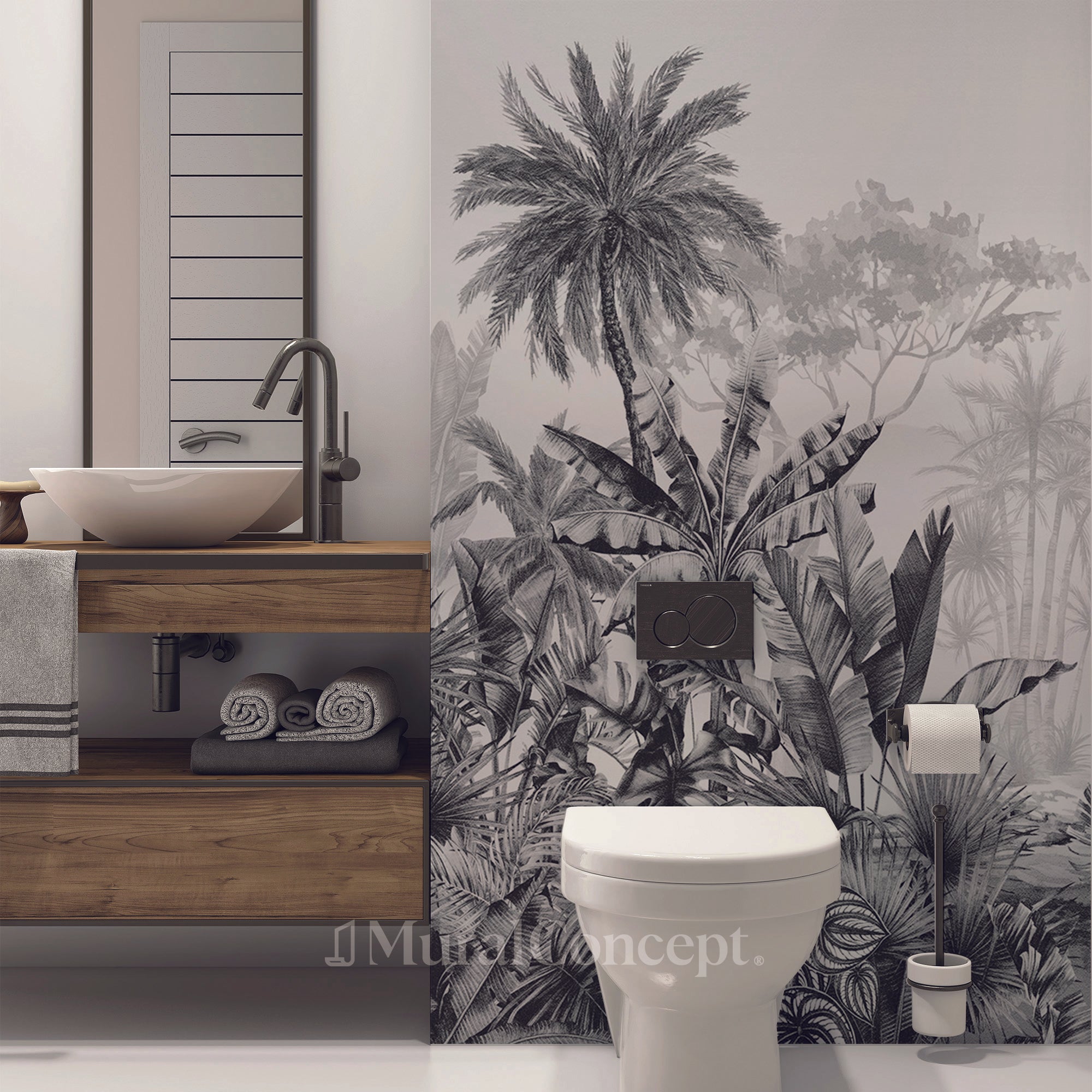 Papier peint wc tendance tropical noir et blanc - Muralconcept