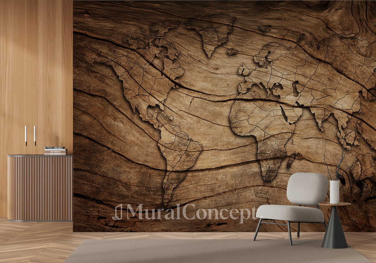 Papier Peint Carte Du Monde Effet Bois