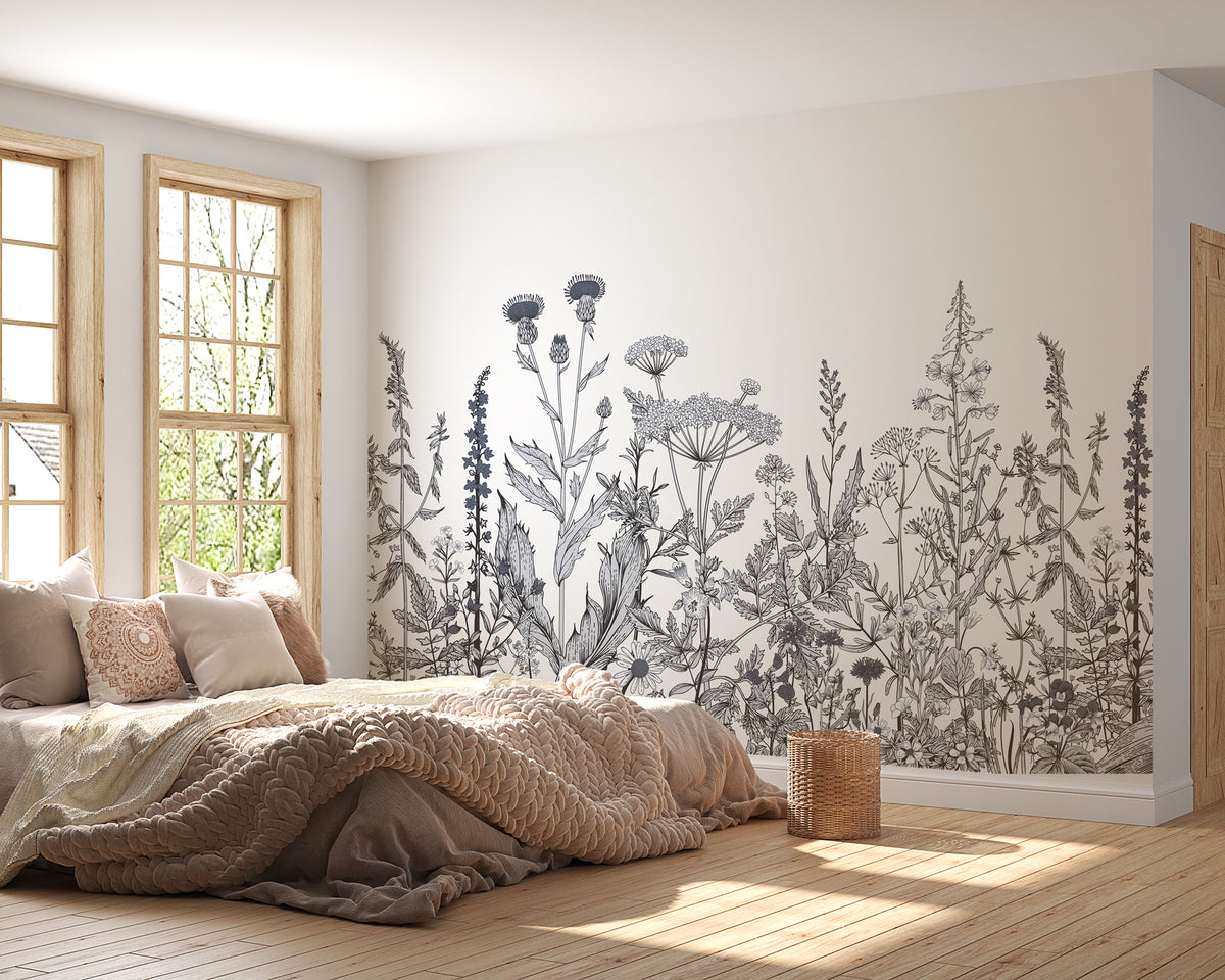 Papier peint botanique folk noir et blanc - #shop_name - Muralconcept