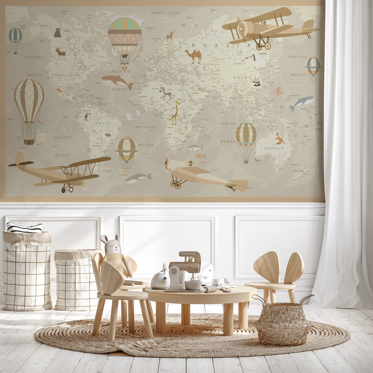 Papier peint enfant carte du monde aviateur