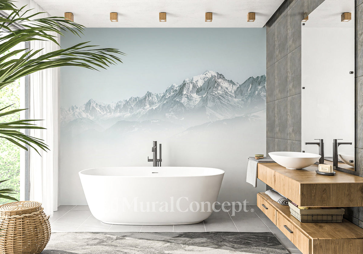 Papier peint salle de bain Mont Blanc dans la brume bleu