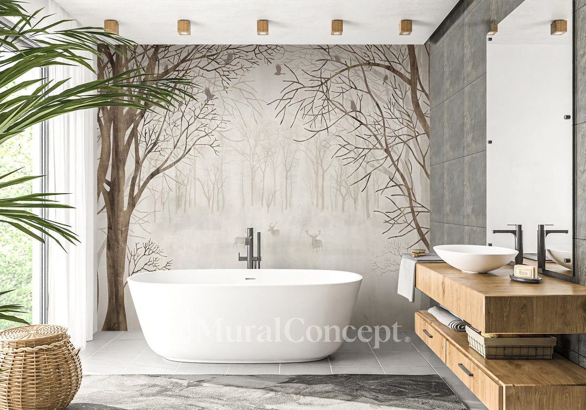 Papier peint salle de bain sur mesure forêt bienvenue dans le bois