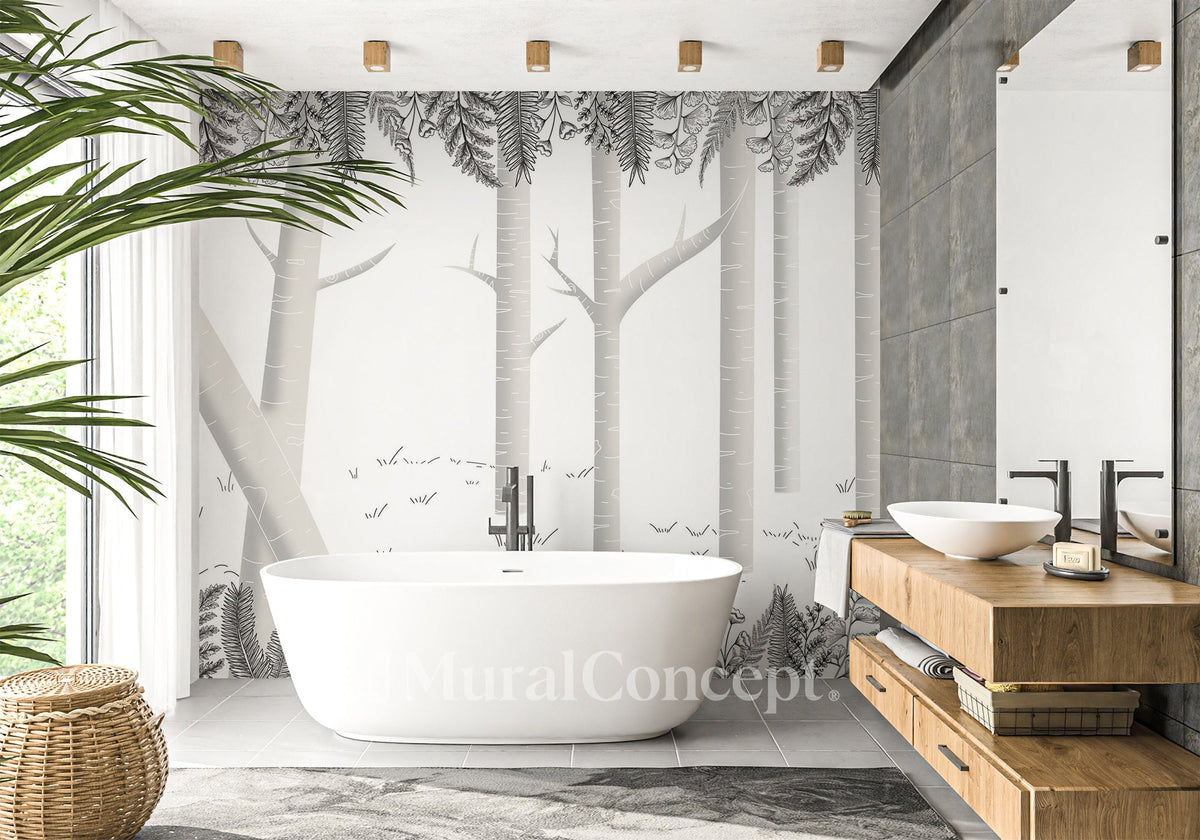 Papier peint salle de bain forêt bouleau gris