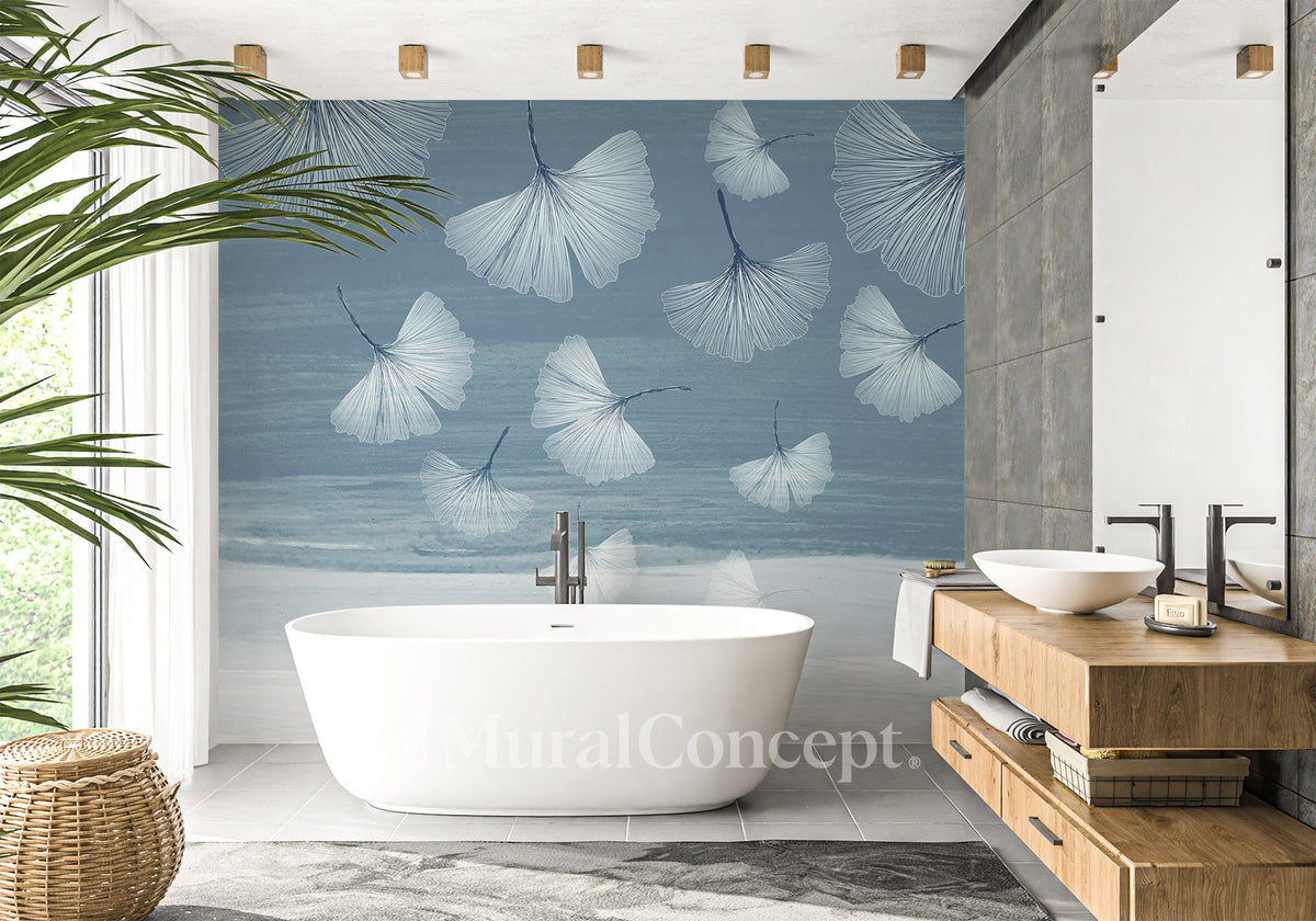 Papier peint salle de bain japandi blue gingko