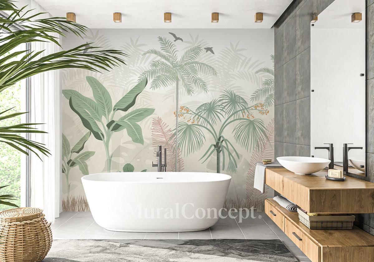 Papier peint salle de bain jungle pastel