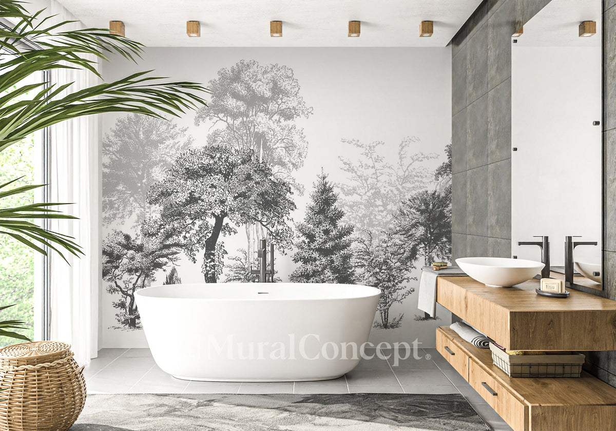 Papier peint salle de bain nature en noir et blanc